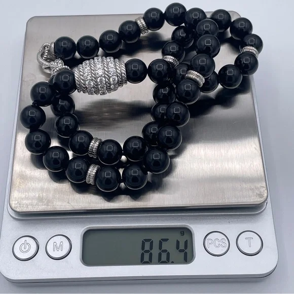 Judith Ripka Heavy 10mm Onyx Bead Necklace Sterling Silver CZ Center Piece 18” - Picture 8 of 9